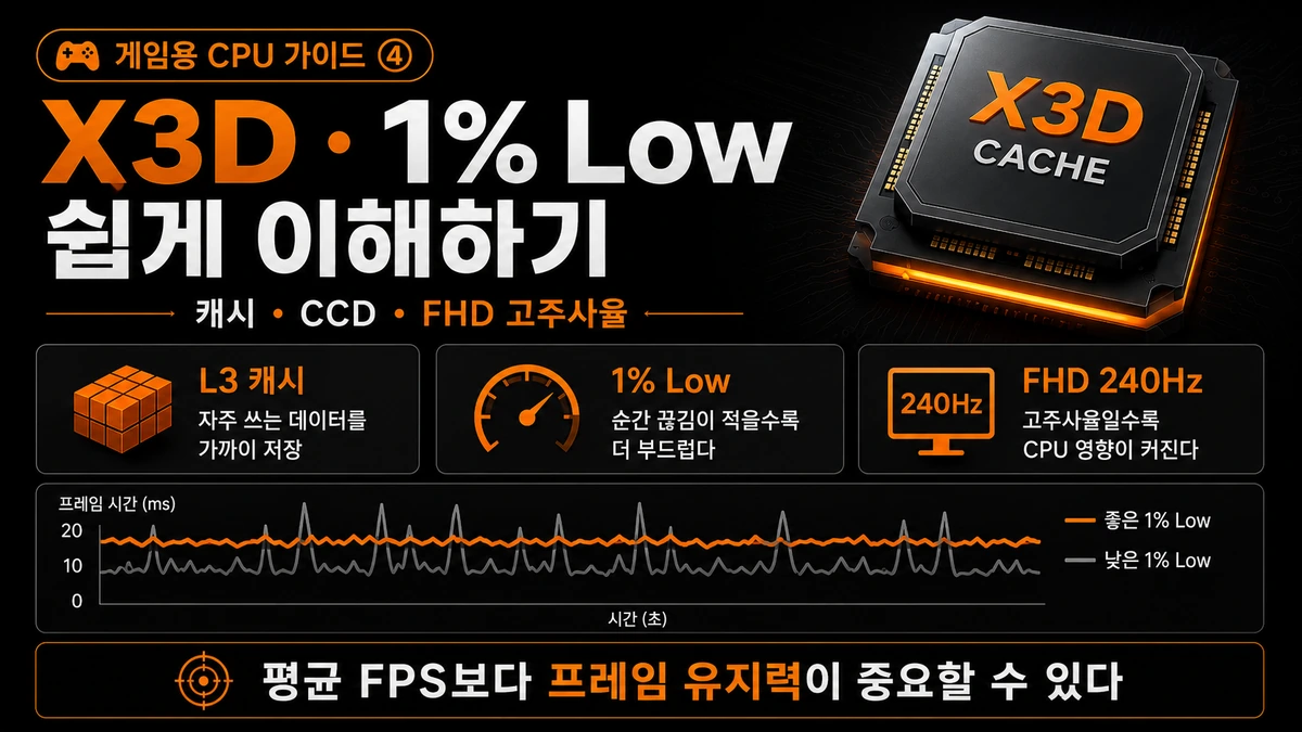 X3D와 1% Low란? CPU 캐시·CCD와 FHD 고주사율 쉽게 이해하기