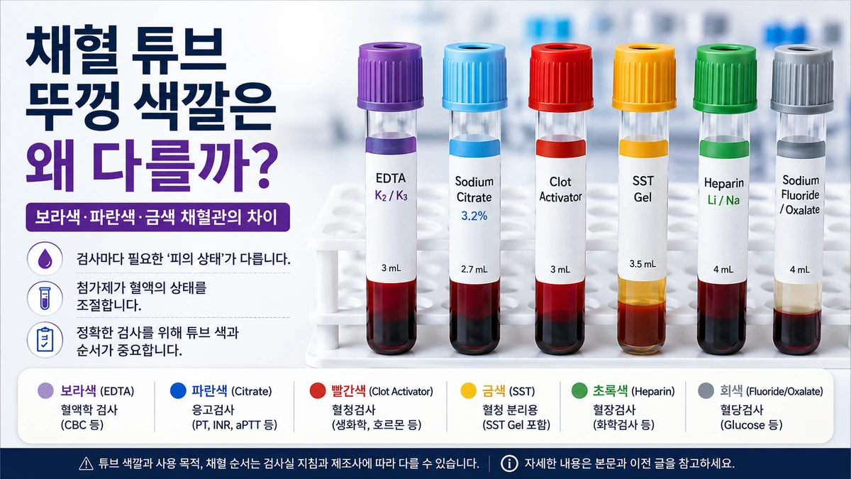 채혈 튜브 뚜껑 색깔은 왜 다를까?: 보라색·파란색·금색 채혈관의 차이